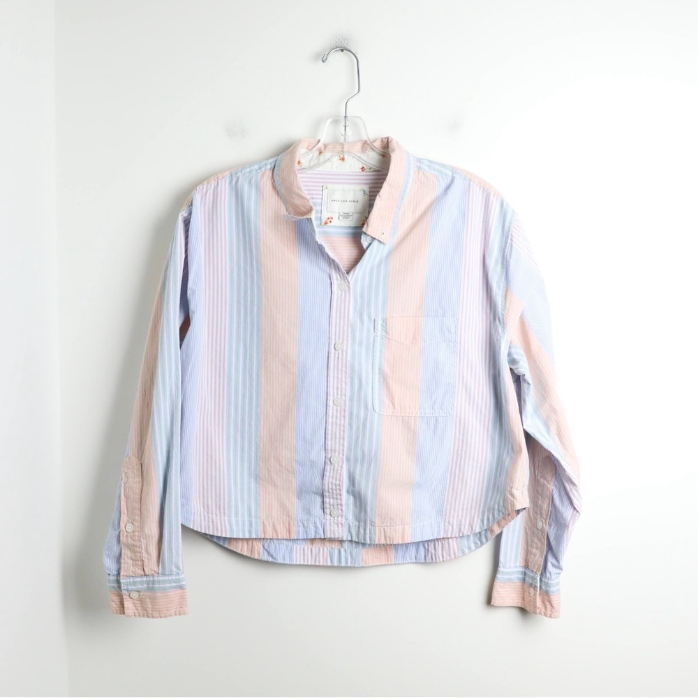 American Eagle AEO Cropped Button-Up Shirt striped pinstripe blue pink short M - Picture 2 of 9